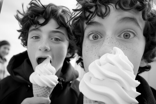 Fototapeta Joyful closeup of dark haired children enjoying soft ice cream cones, black and white photo