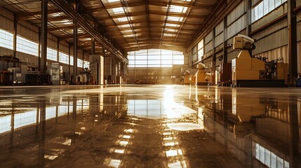 Fototapeta premium Sunlit industrial warehouse with polished concrete floor reflecting the sunlight. Large windows and heavy machinery are visible. Clean and spacious interior.