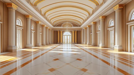 Grand hall with marble floor, columns, and arched ceiling.
