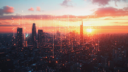 Fototapeta premium Smart Innovation city with connection cyber security network reciprocity over the sunset cityscape future wireless digital city and social media networking systems that connects people in the city