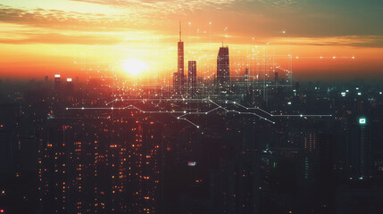 Smart Innovation city with connection cyber security network reciprocity over the sunset cityscape future wireless digital city and social media networking systems that connects people in the city