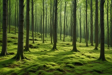 Obraz premium arafed forest with moss covered ground and trees in the background
