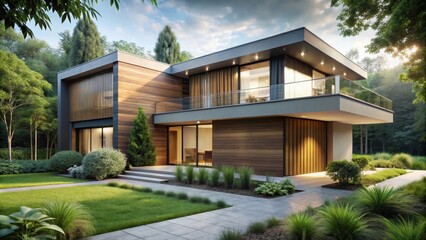 Fototapeta premium Modern two-story house with wooden siding and glass balcony, nestled in a lush green landscape
