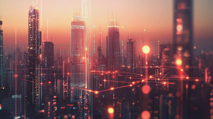 Fototapeta premium Smart Innovation city with connection cyber security network reciprocity over the sunset cityscape future wireless digital city and social media networking systems that connects people in the city