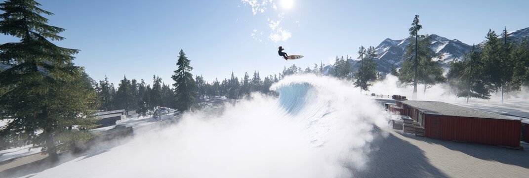 A snowboarder performs a trick above a snowy terrain with trees and a halfpipe in the background.