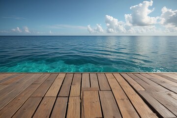Fototapeta premium there is a wooden deck overlooking the ocean and the sky