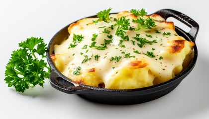 Creamy Potato Bake with Cheesy Topping and Fresh Herb Garnish in Cast Iron Dish
