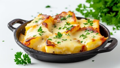 Deliciously Creamy Baked Potatoes with Cheese Garnished with Fresh Herbs in a Cast Iron Pan