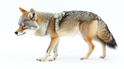 Fototapeta premium A coyote walking gracefully on a white background, showcasing its natural beauty.