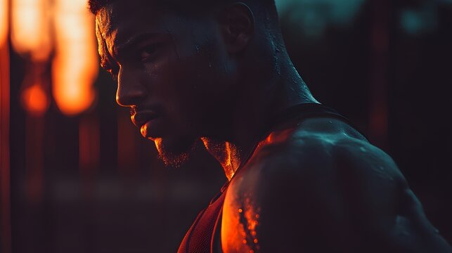 Close-up profile of a sweaty muscular man at sunset. Dramatic lighting highlights his focused expression and sculpted physique, conveying strength and determination.