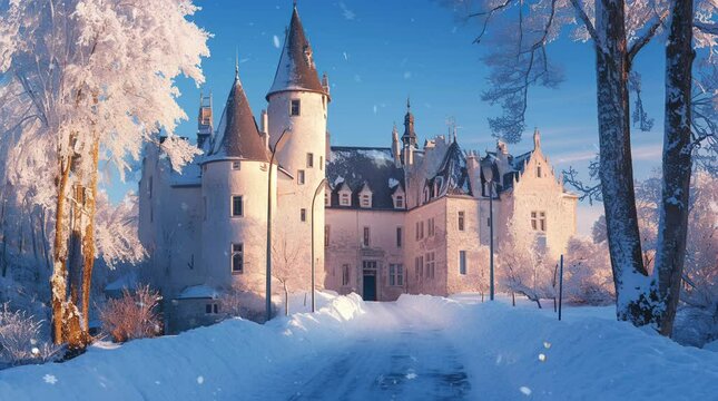 Majestic castle in a snowy winter landscape on a serene cold day  
looping 4k time-lapse virtual video animation Generated AI
