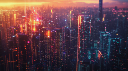 Fototapeta premium Smart Innovation city with connection cyber security network reciprocity over the sunset cityscape future wireless digital city and social media networking systems that connects people in the city