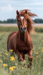Obraz premium A chestnut horse galloping through a field of flowers under a blue sky.