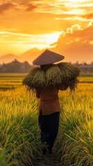 Fototapeta premium Young Farmer Carrying Rice Bundles at Sunset