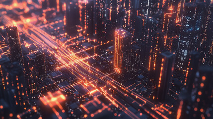 Fototapeta premium Smart Innovation city with connection cyber security network reciprocity over the sunset cityscape future wireless digital city and social media networking systems that connects people in the city