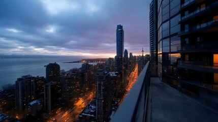 Fototapeta premium A panoramic view of a city skyline at dusk, featuring tall buildings and a serene lake under a cloudy sky.