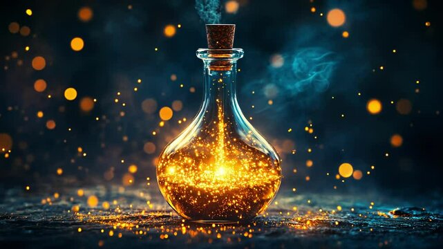 A glowing potion bottle emitting warm light and sparkles.