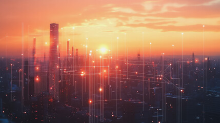 Fototapeta premium Smart Innovation city with connection cyber security network reciprocity over the sunset cityscape future wireless digital city and social media networking systems that connects people in the city