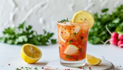 Fototapeta premium Refreshing Tangy Turnip Glass with Lemon Garnish and Fresh Herbs on a Light Background