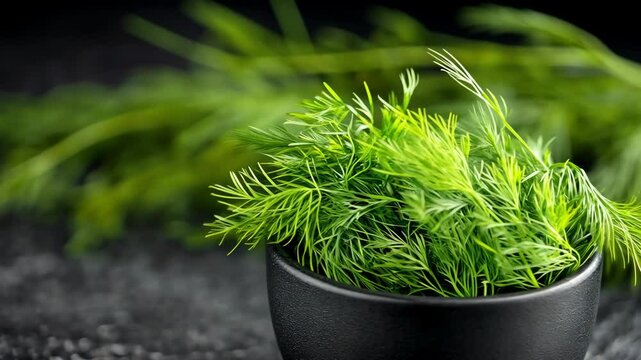 Fresh dill in a black bowl surrounded by green herbs in a kitchen setting
