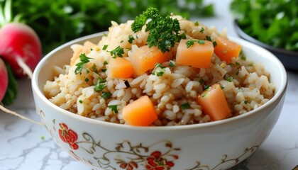 Delicious Bulgur Pilav with Fresh Vegetables and Herbs Garnished with Parsley