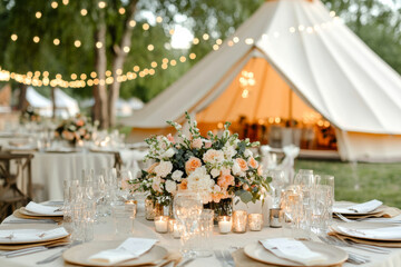 Country-style wedding dinner table with an outdoor table with flower decoration and a big tent in backdrop