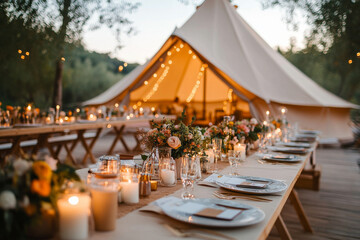 Country-style wedding dinner table with an outdoor table with flower decoration and a big tent in backdrop