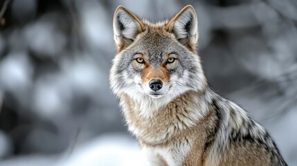 Obraz premium A close-up of a coyote in a snowy landscape, showcasing its striking features.