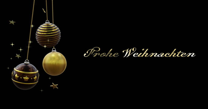Frohe weihnachten text in gold with black and gold christmas baubles and stars on black background