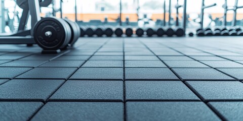 Flooring vinyl maintenance concept. Rubber flooring in a gym setting with weights, showcasing a modern workout environment.
