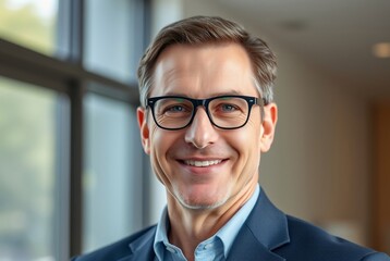 Smiling Businessman in Professional Attire with Glasses Standing by a Window