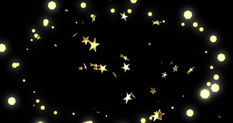 Fototapeta premium Image of stars falling and christmas fairy lights flickering over black background