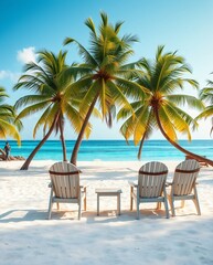 Tranquil Beach Scene with Palm Trees and Lounge Chairs Overlooking Crystal Clear Water