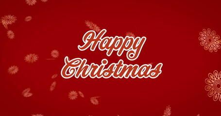 Image of christmas greetings text over snow falling on red background