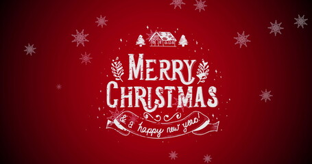 Image of christmas greetings text over snow falling on red background © vectorfusionart