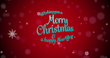 Image of christmas greetings text over snow falling on red background © vectorfusionart