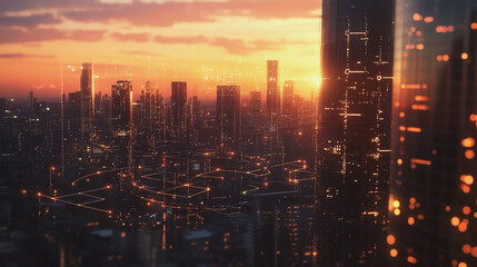 Fototapeta premium Smart Innovation city with connection cyber security network reciprocity over the sunset cityscape future wireless digital city and social media networking systems that connects people in the city