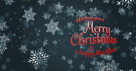 Image of christmas greetings text over snow falling on grey background © vectorfusionart