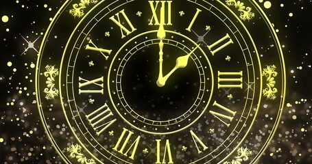 Image of clock showing midnight and fireworks exploding on black background