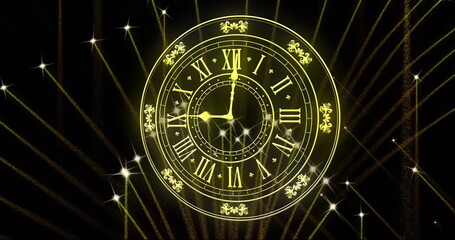 Image of clock showing midnight and fireworks exploding on black background