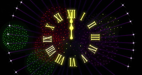 Image of clock showing midnight and fireworks exploding on black background