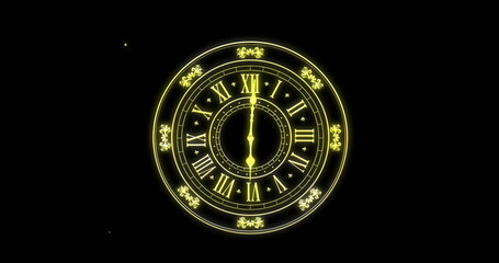 Image of clock showing midnight and fireworks exploding on black background