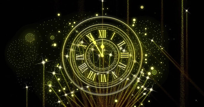 Image of clock showing midnight and fireworks exploding on black background