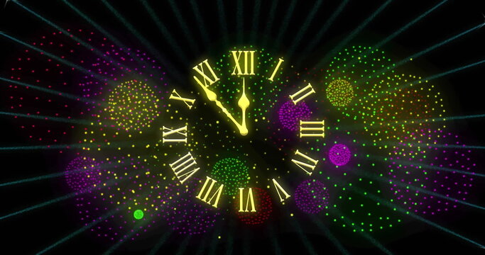 Image of clock showing midnight and fireworks exploding on black background