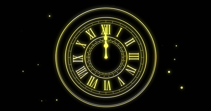 Image of clock showing midnight and fireworks exploding on black background