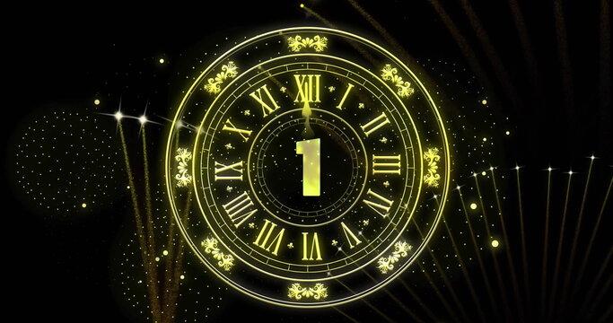Image of clock showing midnight and fireworks exploding on black background