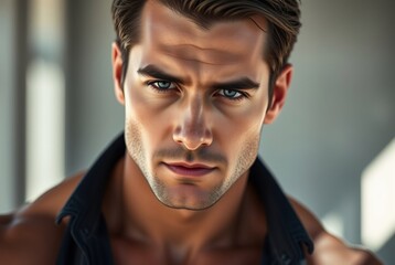 Obraz premium Intense Close-Up Portrait of a Male Model with Striking Blue Eyes and Chiseled Features