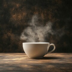 Obraz premium Steaming Hot Drink in White Mug on Rustic Wooden Table