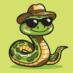 Cute cartoon snake wearing sunglasses and hat like a boss