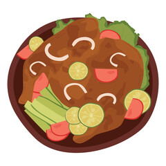 Yummy indonesian traditional food, Ayam Taliwang. West Nusa Tenggara typical grilled chicken. Vector illustration.